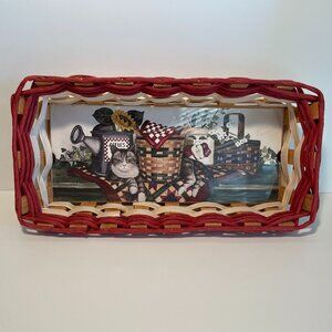Vintage 14" x 7" Basket with Laurie Korsgaden cat print #703 1999, Stockton, CA